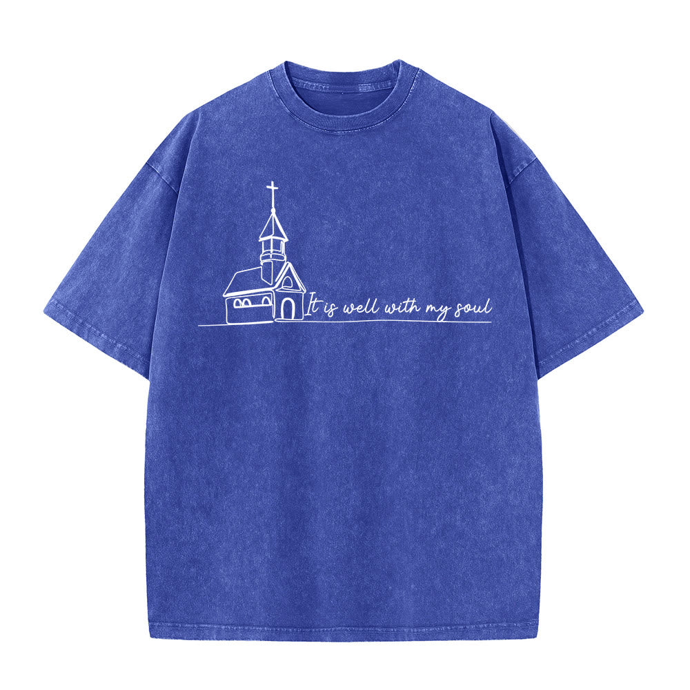 Christianartworkshop It Is Well With My Soul Church Sketch Line Art Unisex Washed T-shirt - Blue - 5XL - image 12