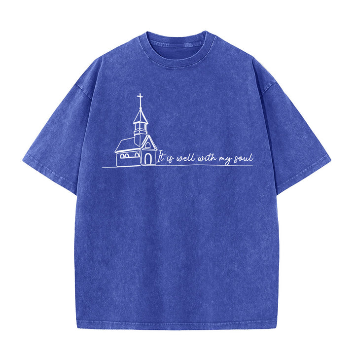 Christianartworkshop It Is Well With My Soul Church Sketch Line Art Unisex Washed T-shirt - Blue - 5XL - image 12