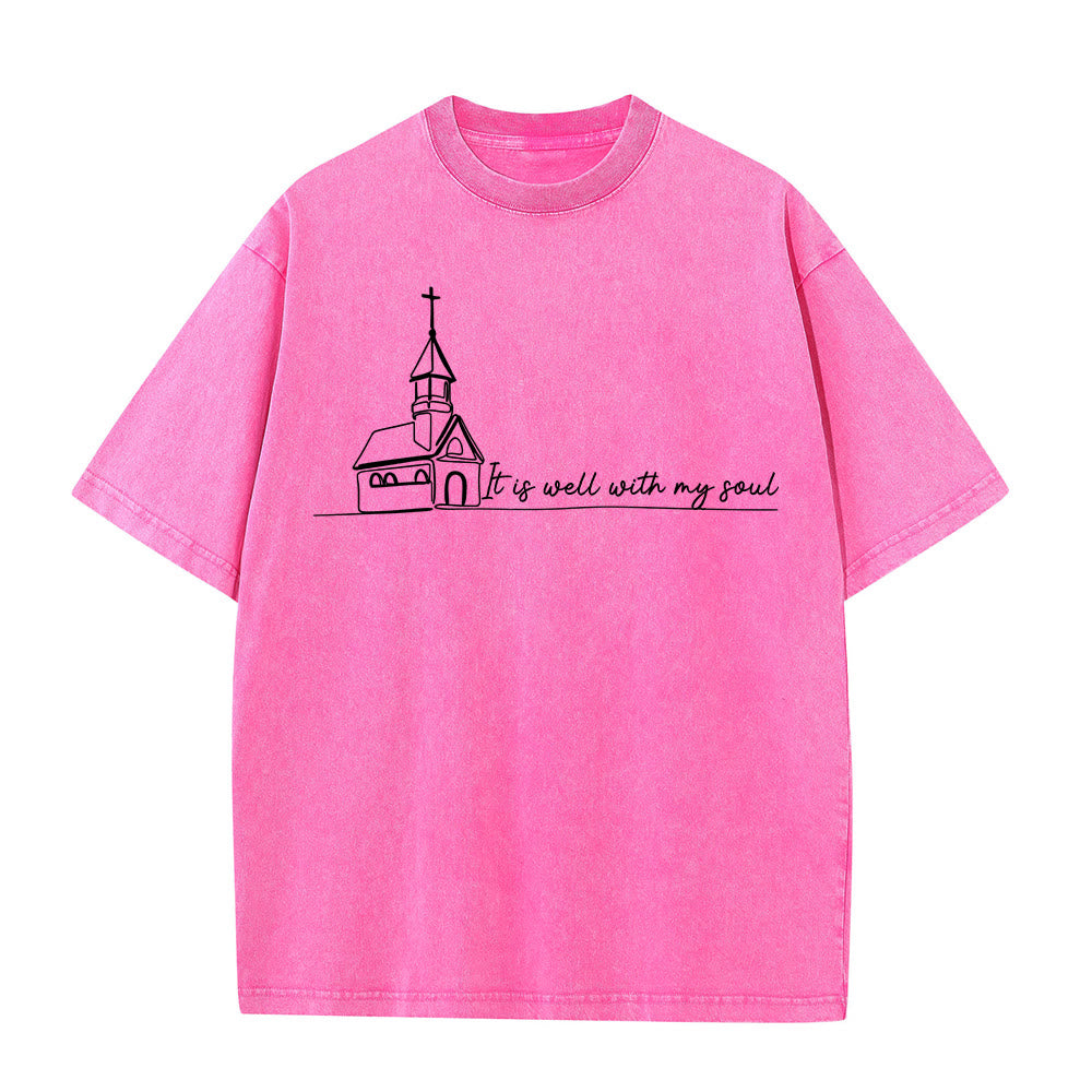 Christianartworkshop It Is Well With My Soul Church Sketch Line Art Unisex Washed T-shirt - Pink - 5XL - image 10