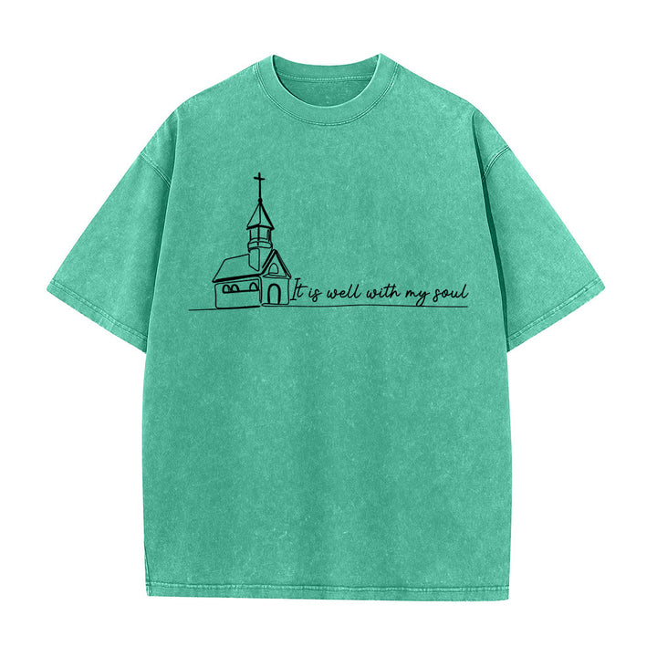 Christianartworkshop It Is Well With My Soul Church Sketch Line Art Unisex Washed T-shirt - Green - 5XL - image 7