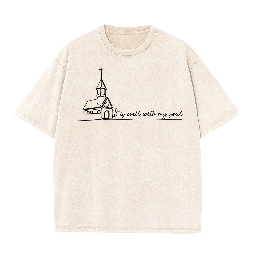 Christianartworkshop It Is Well With My Soul Church Sketch Line Art Unisex Washed T-shirt - Beige - 5XL - image 9