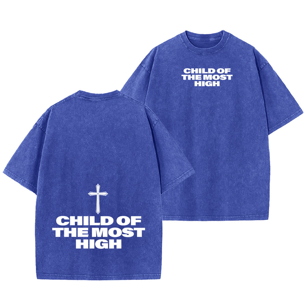 Christianartworkshop Child of the Most High Cross Bold Lettering Unisex Washed T-shirt - Blue - 5XL - image 3