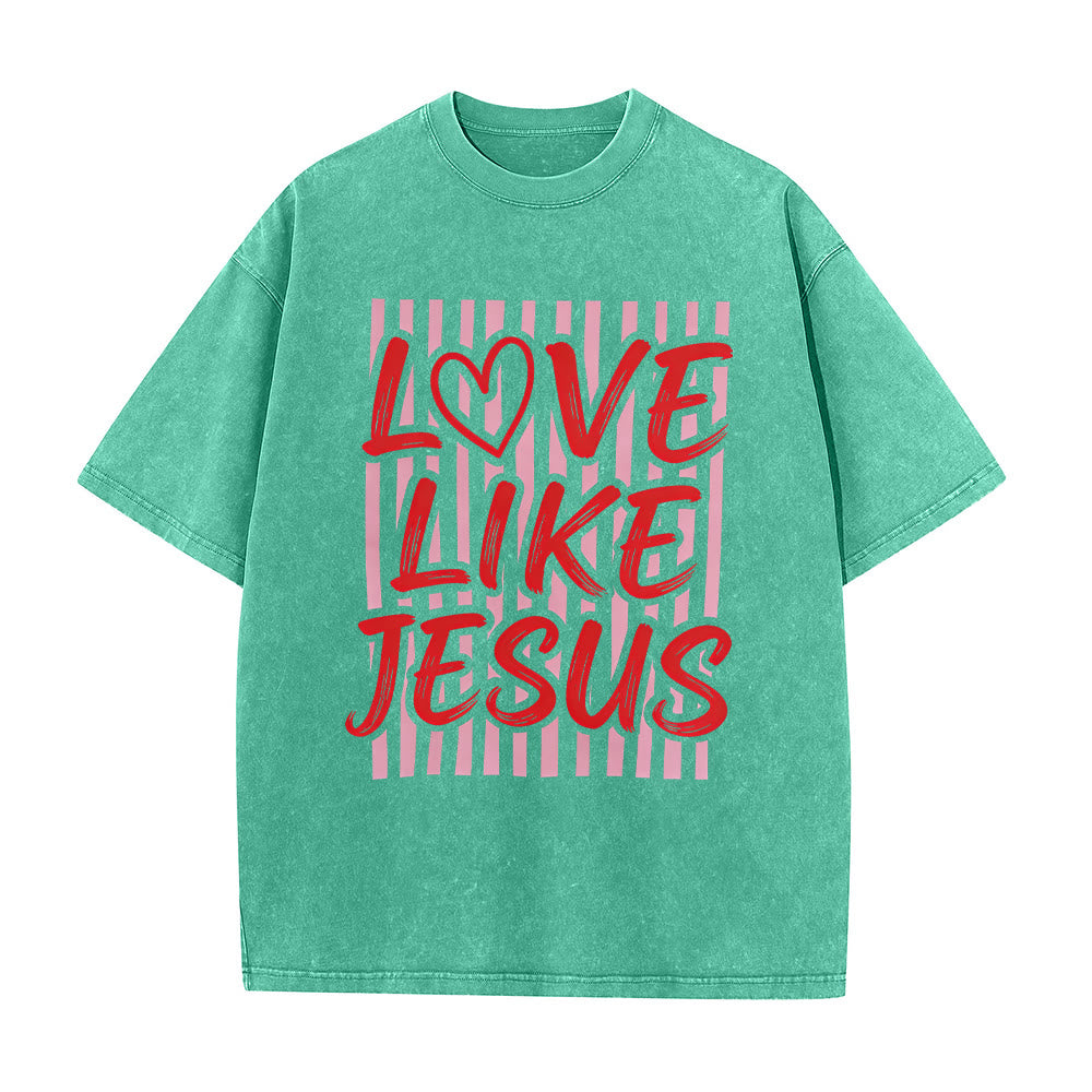 Christianartworkshop Love Like Jesus Heart Letter Stripe Background Unisex Washed T-shirt - Green - 5XL - image 9