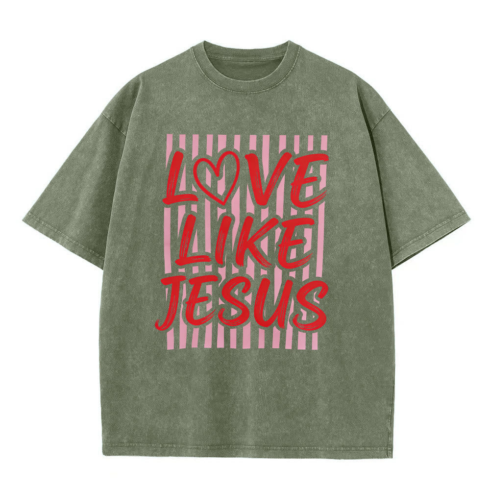 Christianartworkshop Love Like Jesus Heart Letter Stripe Background Unisex Washed T-shirt - Grey - 5XL - image 2