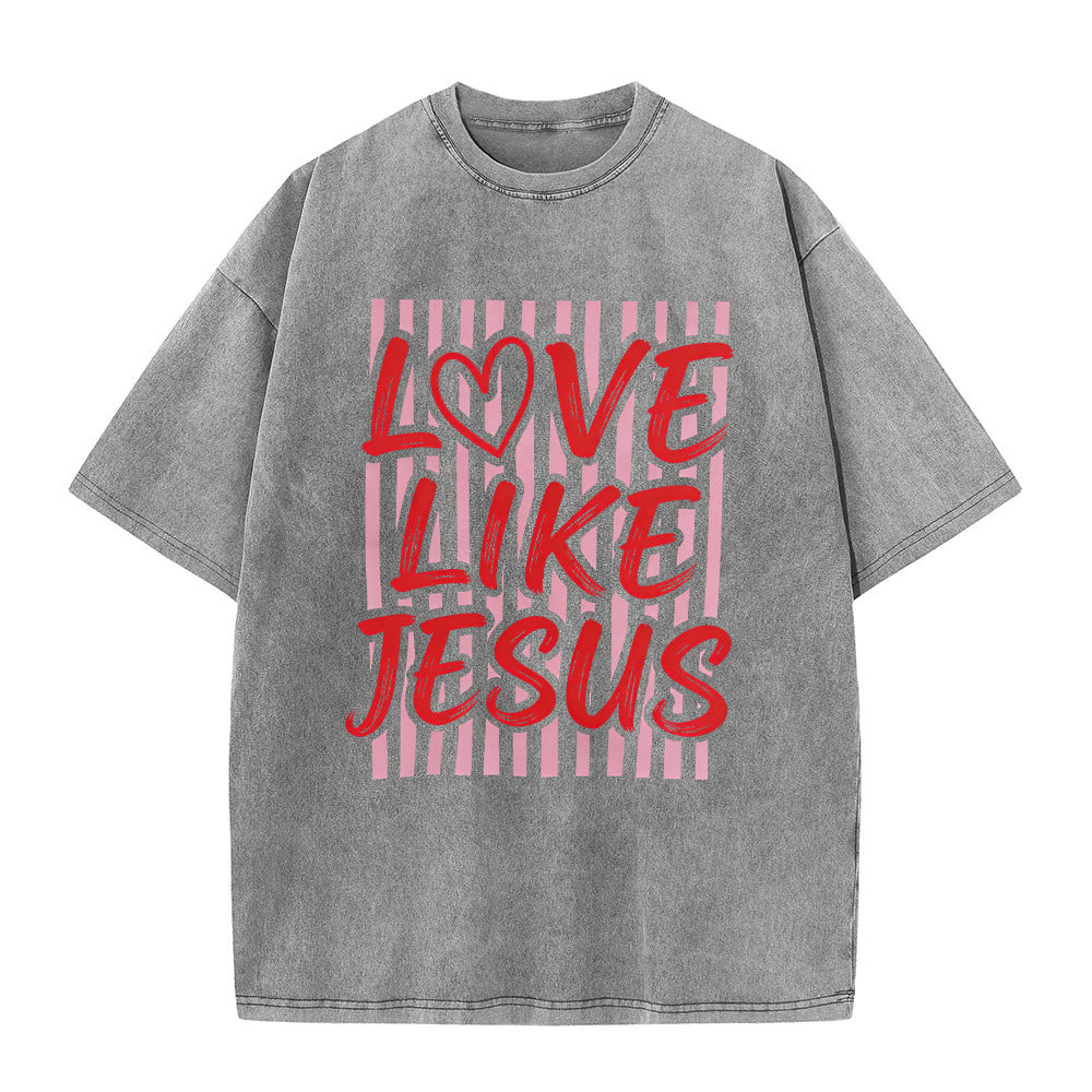 Christianartworkshop Love Like Jesus Heart Letter Stripe Background Unisex Washed T-shirt - Grey - 5XL - image 2