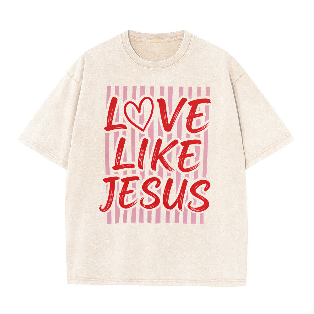 Christianartworkshop Love Like Jesus Heart Letter Stripe Background Unisex Washed T-shirt - Beige - 5XL - image 11
