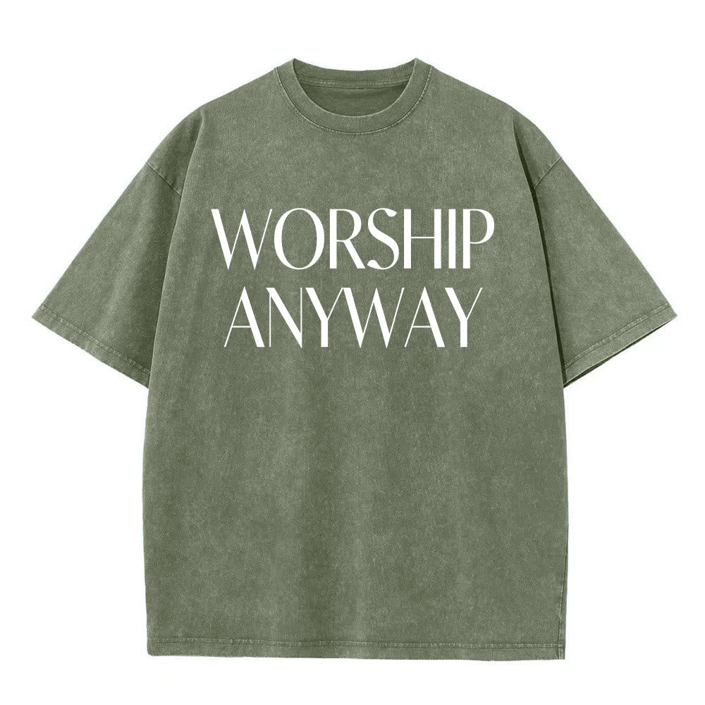 Christianartworkshop Worship Anyway Bold Serif Lettering Unisex Washed T-shirt - Green - 5XL - image 9