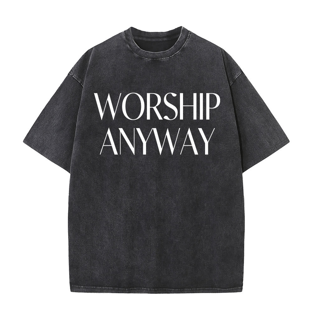 Christianartworkshop Worship Anyway Bold Serif Lettering Unisex Washed T-shirt - Black - 5XL - image 4