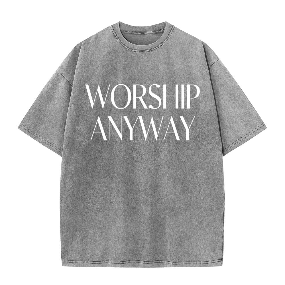 Christianartworkshop Worship Anyway Bold Serif Lettering Unisex Washed T-shirt - Grey - 5XL - image 3