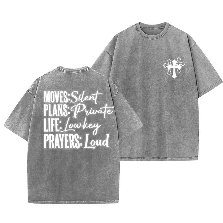 Christianartworkshop Moves Silent Prayers Loud Stylized Cross Mixed Lettering Unisex Washed T-shirt - Grey - 5XL - image 12