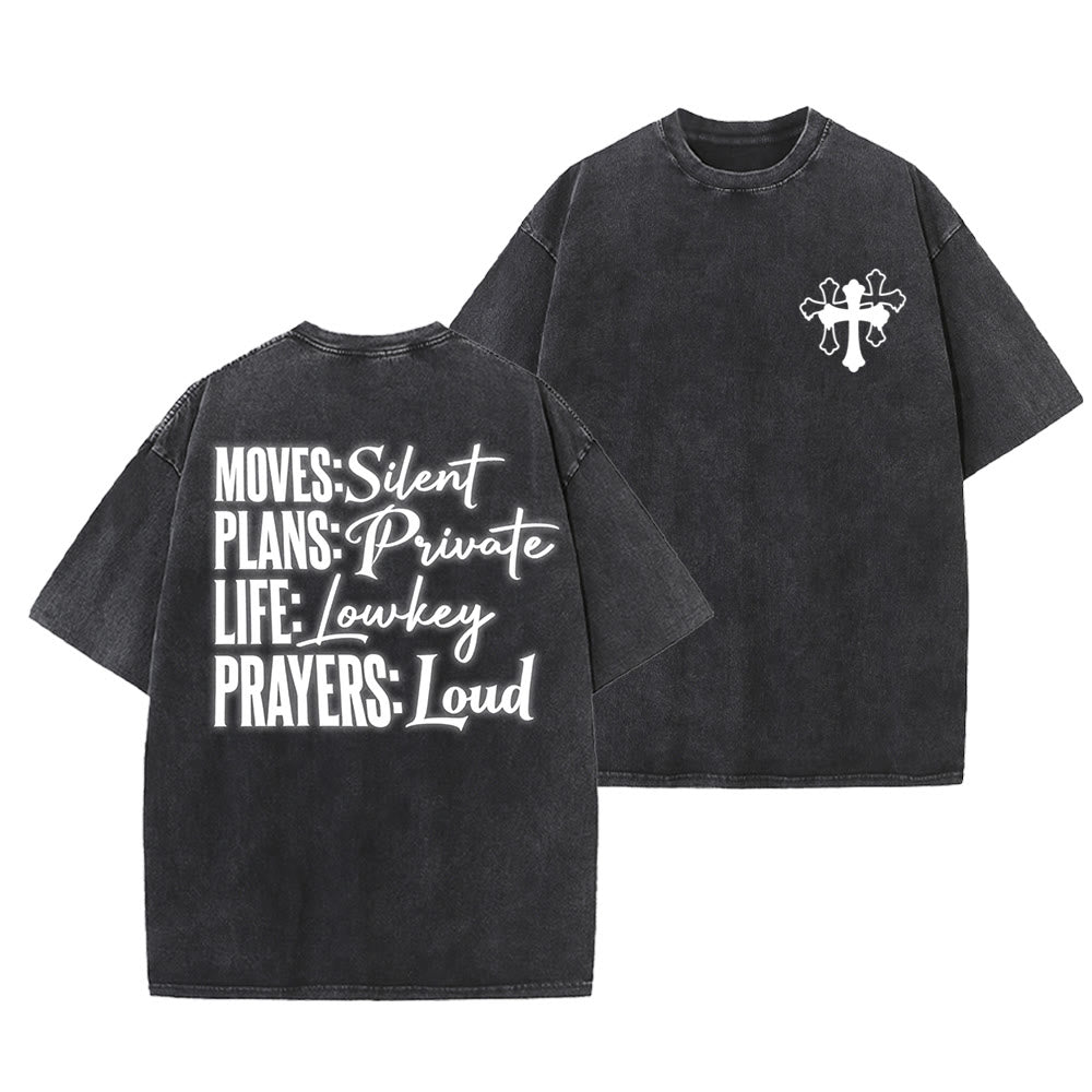 Christianartworkshop Moves Silent Prayers Loud Stylized Cross Mixed Lettering Unisex Washed T-shirt - Black - 5XL - image 15