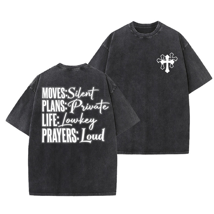 Christianartworkshop Moves Silent Prayers Loud Stylized Cross Mixed Lettering Unisex Washed T-shirt - Black - 5XL - image 15