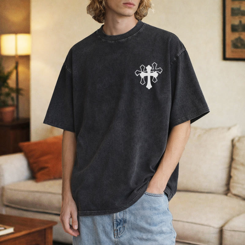 Christianartworkshop Moves Silent Prayers Loud Stylized Cross Mixed Lettering Unisex Washed T-shirt - image 18