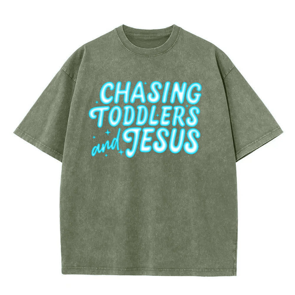 Christianartworkshop Chasing Toddlers and Jesus Bubble Letter Star Accent Unisex Washed T-shirt - Army Green - 5XL - image 11