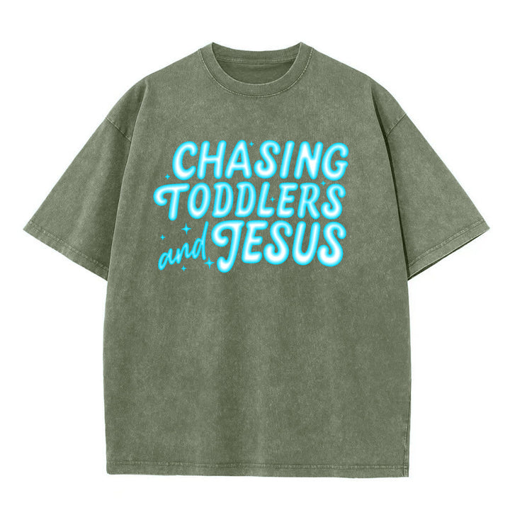 Christianartworkshop Chasing Toddlers and Jesus Bubble Letter Star Accent Unisex Washed T-shirt - Army Green - 5XL - image 11