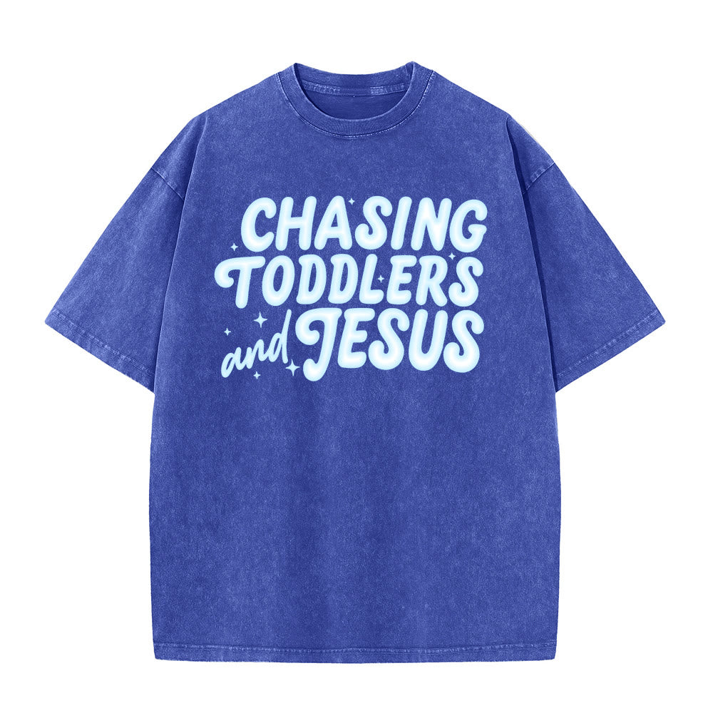 Christianartworkshop Chasing Toddlers and Jesus Bubble Letter Star Accent Unisex Washed T-shirt - Blue - 5XL - image 4