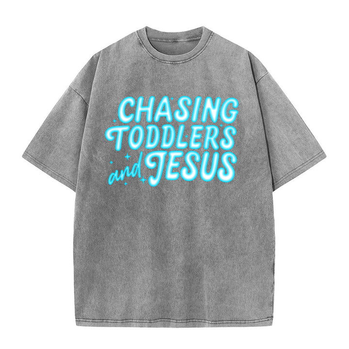 Christianartworkshop Chasing Toddlers and Jesus Bubble Letter Star Accent Unisex Washed T-shirt - Grey - 5XL - image 5