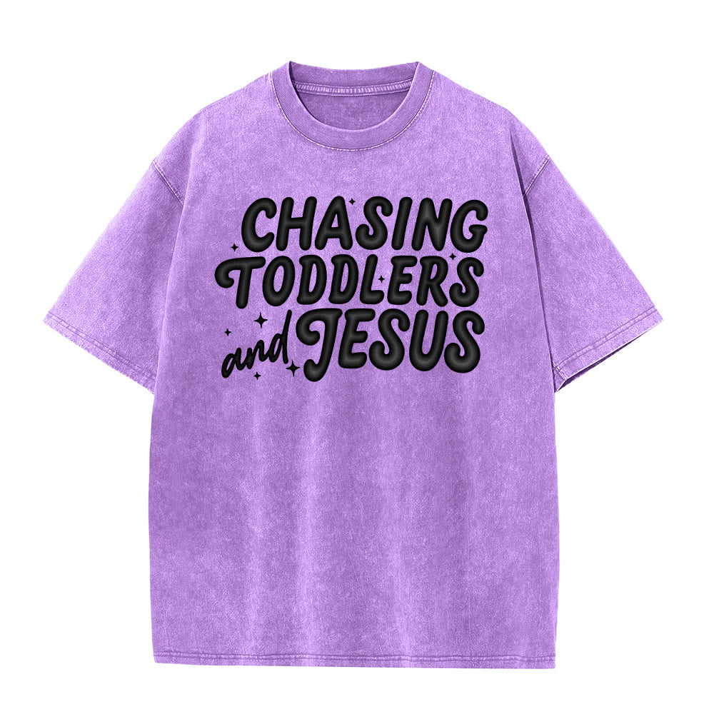 Christianartworkshop Chasing Toddlers and Jesus Bubble Letter Star Accent Unisex Washed T-shirt - Purple - 5XL - image 3