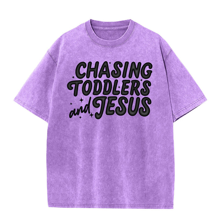 Christianartworkshop Chasing Toddlers and Jesus Bubble Letter Star Accent Unisex Washed T-shirt - Purple - 5XL - image 3