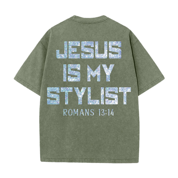Christianartworkshop Jesus Is My Stylist Romans 13:14 Glitter Letter Rose Cross Unisex Washed T-shirt - image 30