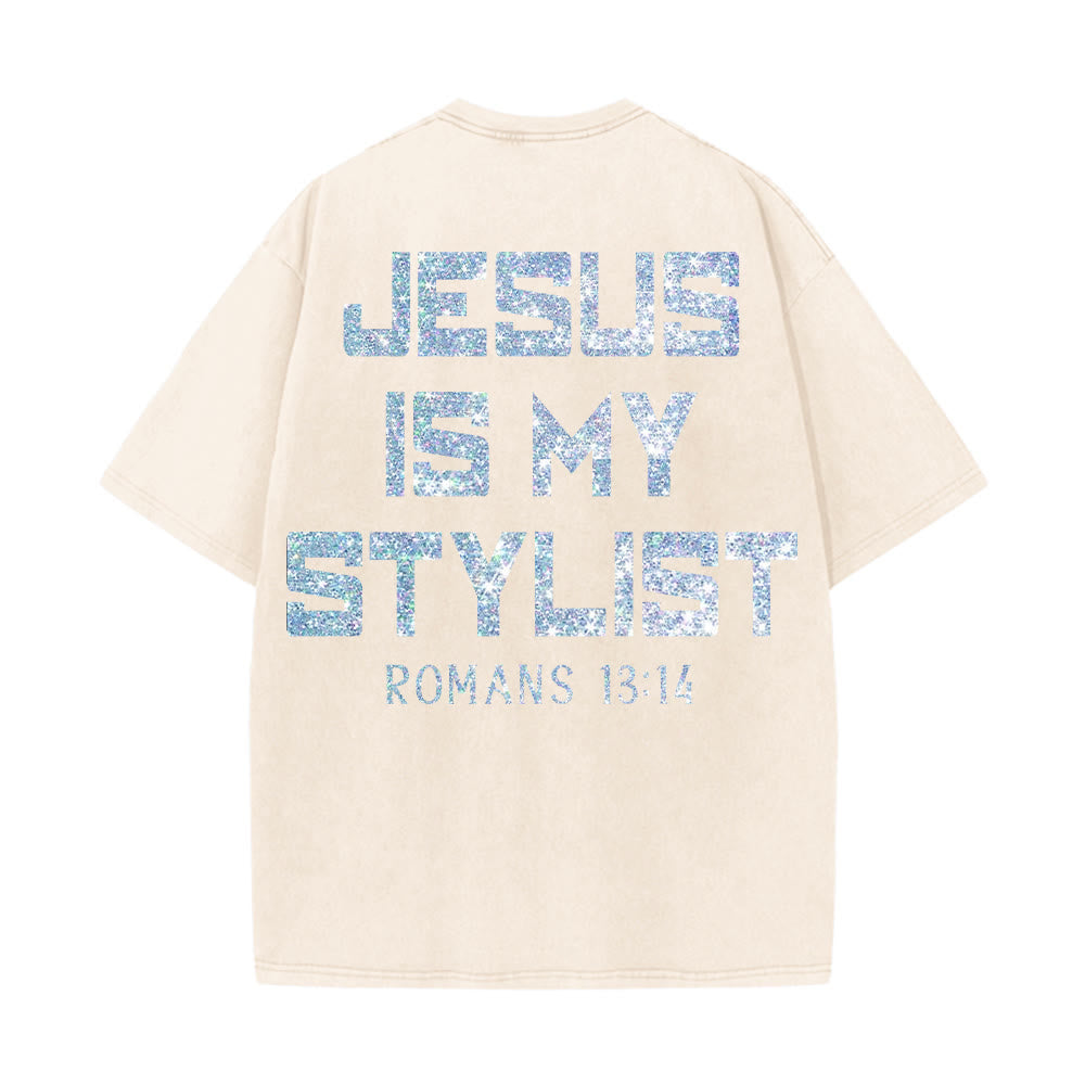 Christianartworkshop Jesus Is My Stylist Romans 13:14 Glitter Letter Rose Cross Unisex Washed T-shirt - image 8