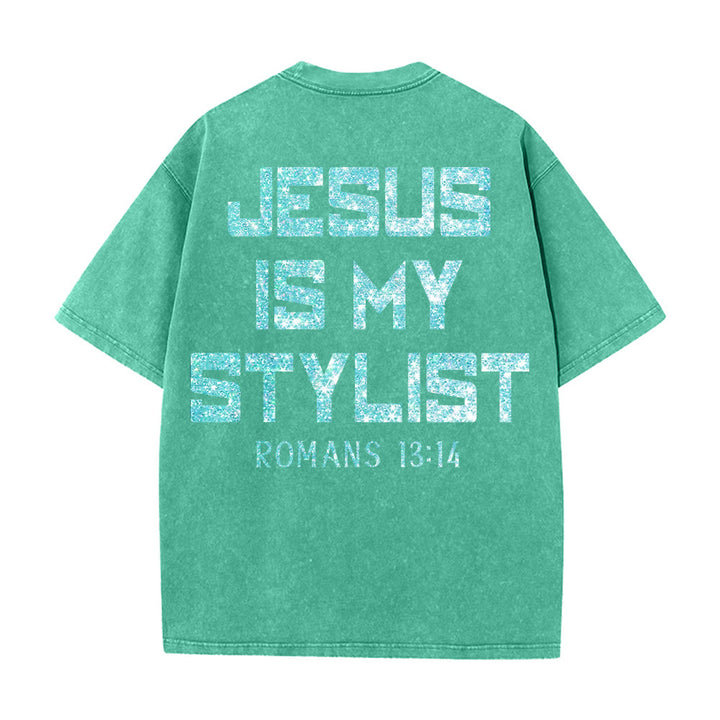Christianartworkshop Jesus Is My Stylist Romans 13:14 Glitter Letter Rose Cross Unisex Washed T-shirt - image 2