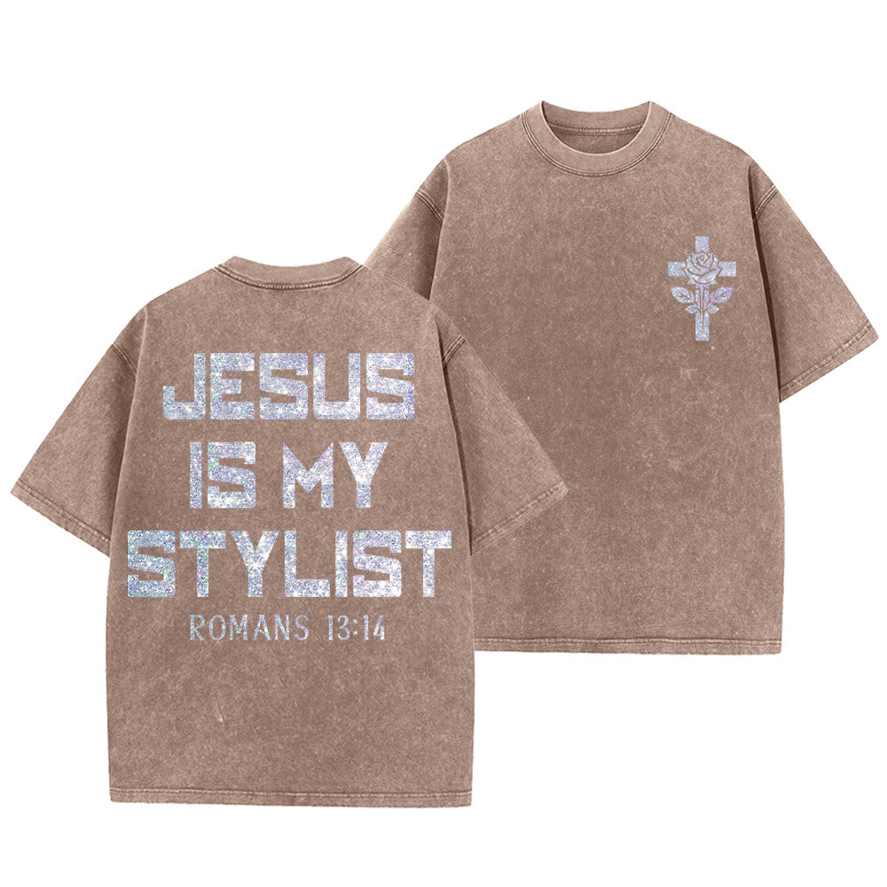 Christianartworkshop Jesus Is My Stylist Romans 13:14 Glitter Letter Rose Cross Unisex Washed T-shirt - Brown - 5XL - image 3