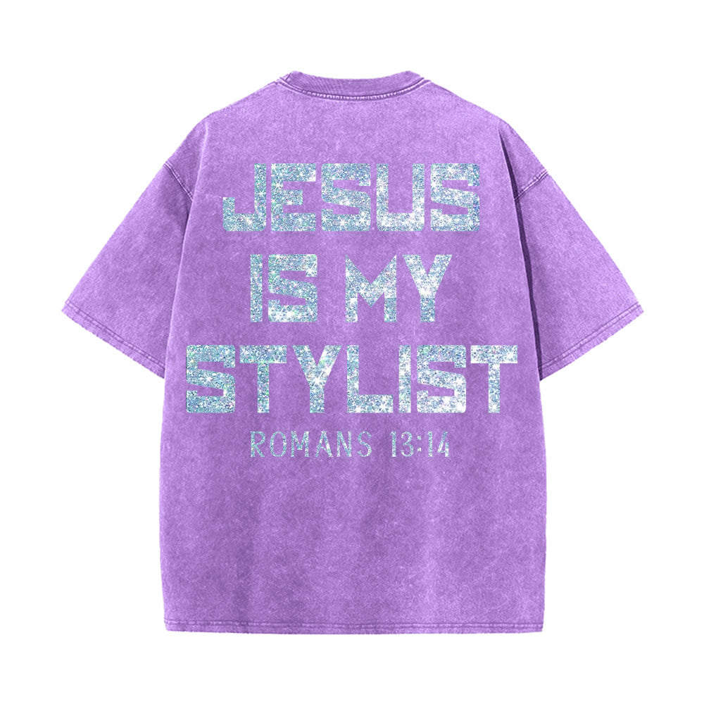Christianartworkshop Jesus Is My Stylist Romans 13:14 Glitter Letter Rose Cross Unisex Washed T-shirt - image 14