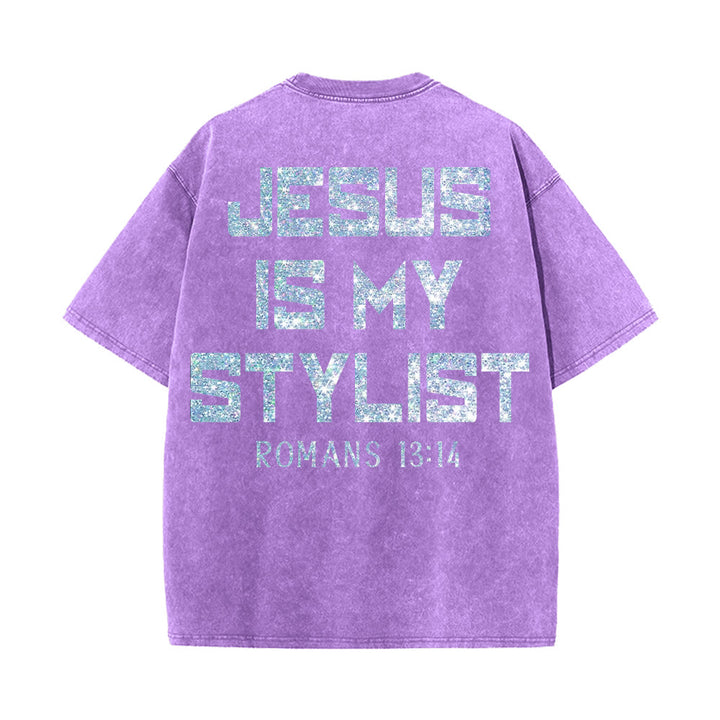 Christianartworkshop Jesus Is My Stylist Romans 13:14 Glitter Letter Rose Cross Unisex Washed T-shirt - image 14