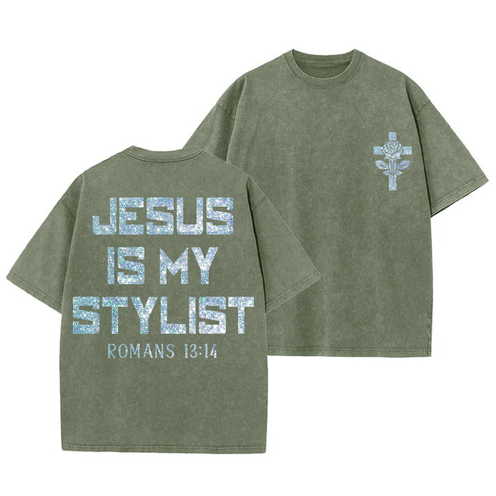 Christianartworkshop Jesus Is My Stylist Romans 13:14 Glitter Letter Rose Cross Unisex Washed T-shirt - Army Green - 5XL - image 28