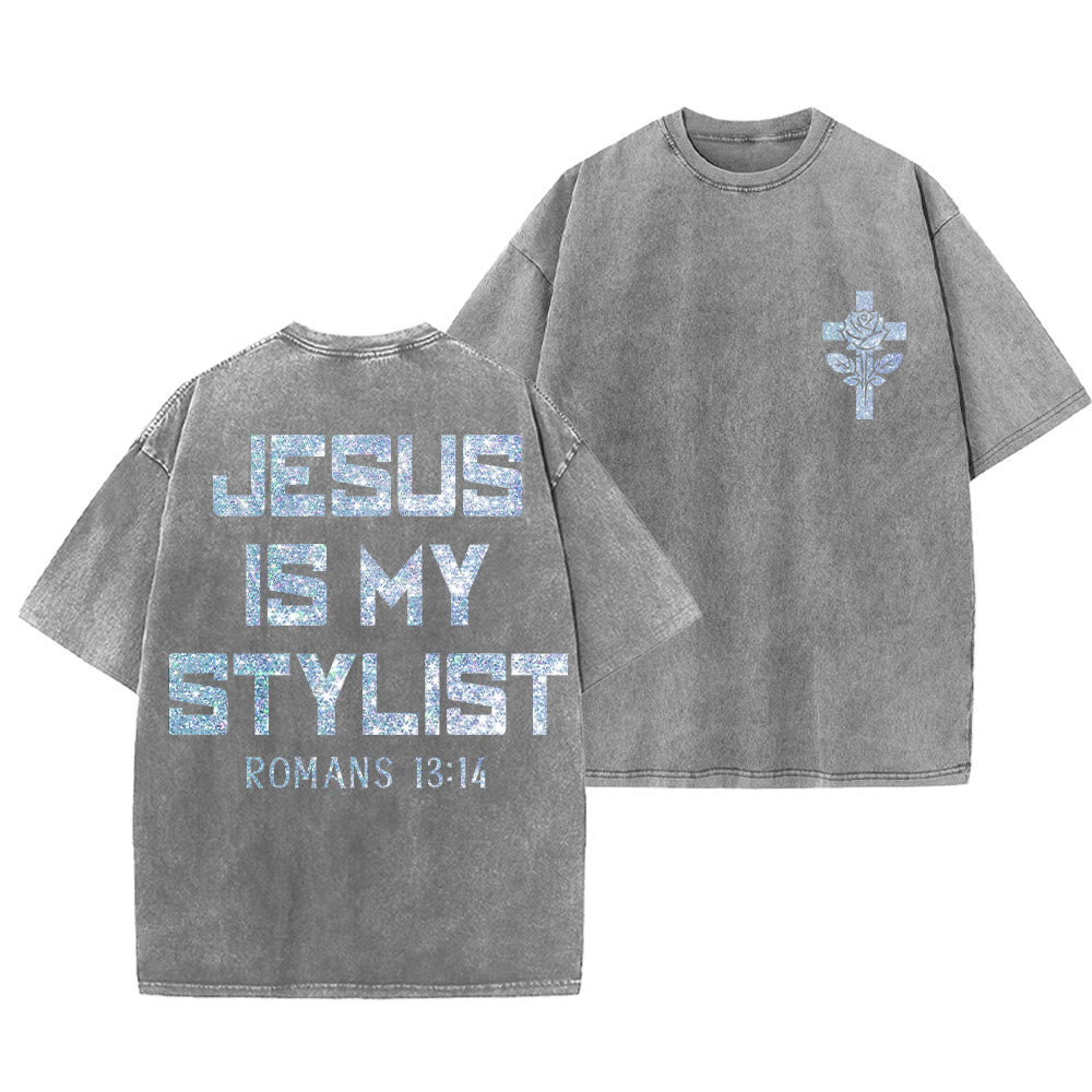 Christianartworkshop Jesus Is My Stylist Romans 13:14 Glitter Letter Rose Cross Unisex Washed T-shirt - Grey - 5XL - image 18