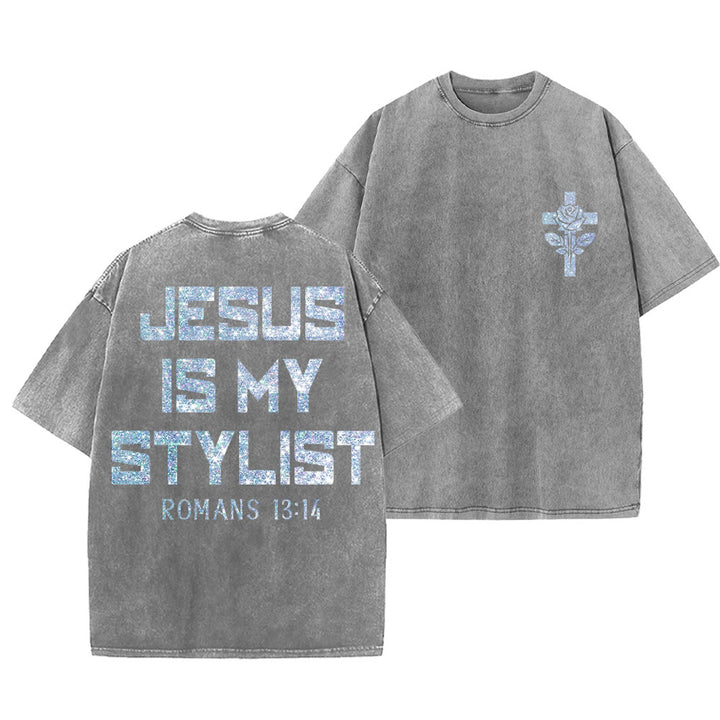 Christianartworkshop Jesus Is My Stylist Romans 13:14 Glitter Letter Rose Cross Unisex Washed T-shirt - Grey - 5XL - image 18