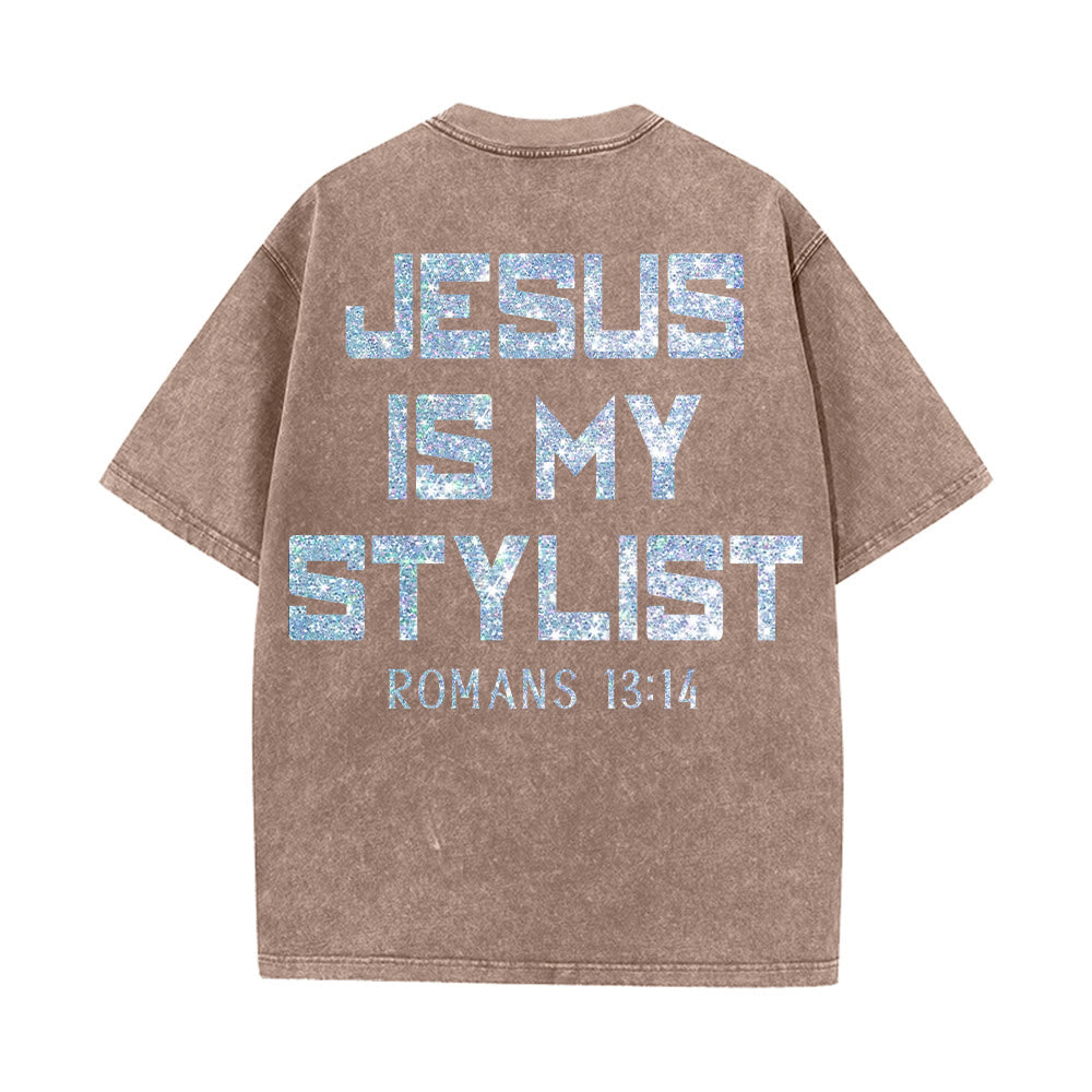 Christianartworkshop Jesus Is My Stylist Romans 13:14 Glitter Letter Rose Cross Unisex Washed T-shirt - image 5