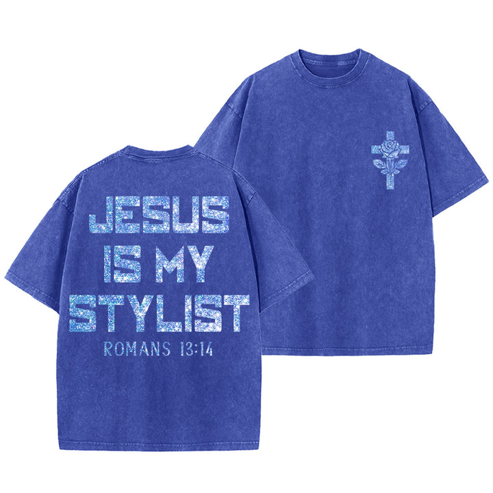 Christianartworkshop Jesus Is My Stylist Romans 13:14 Glitter Letter Rose Cross Unisex Washed T-shirt - Blue - 5XL - image 15