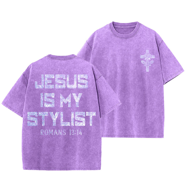 Christianartworkshop Jesus Is My Stylist Romans 13:14 Glitter Letter Rose Cross Unisex Washed T-shirt - Purple - 5XL - image 12