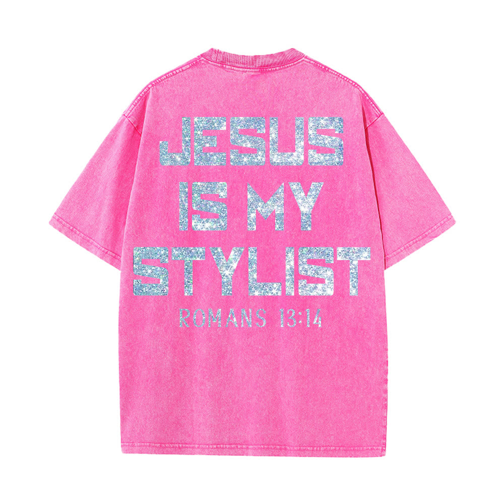 Christianartworkshop Jesus Is My Stylist Romans 13:14 Glitter Letter Rose Cross Unisex Washed T-shirt - image 11