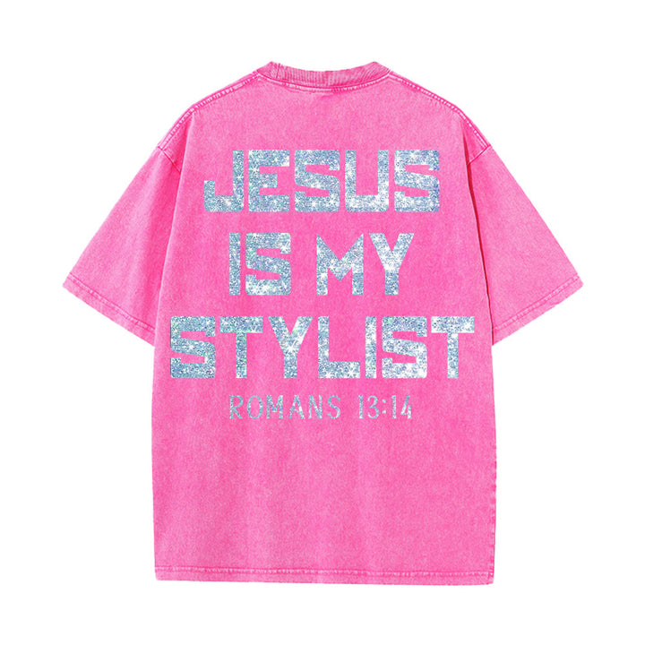 Christianartworkshop Jesus Is My Stylist Romans 13:14 Glitter Letter Rose Cross Unisex Washed T-shirt - image 11