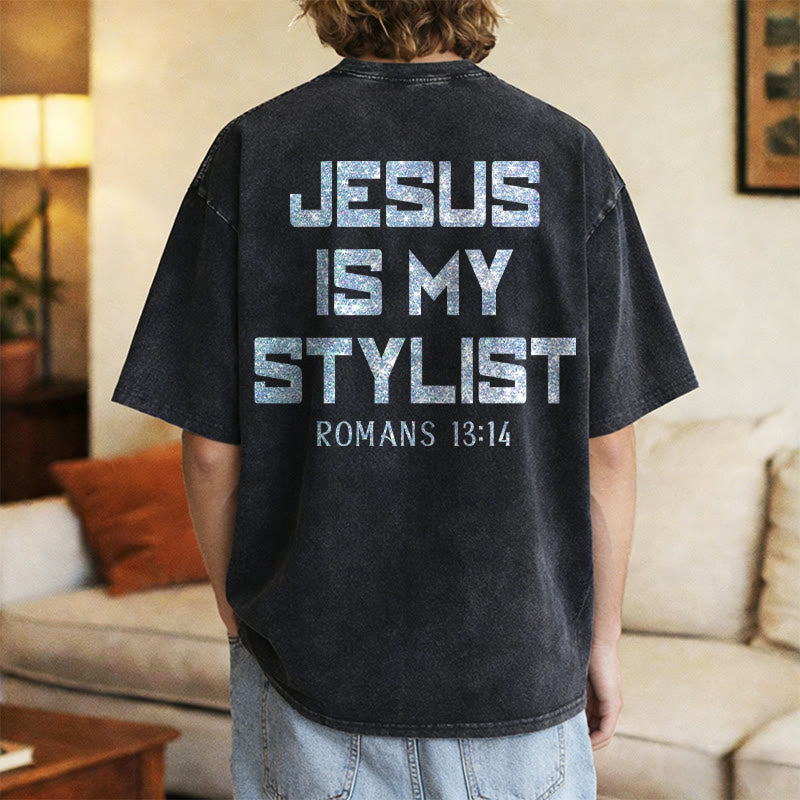 Christianartworkshop Jesus Is My Stylist Romans 13:14 Glitter Letter Rose Cross Unisex Washed T-shirt - image 27