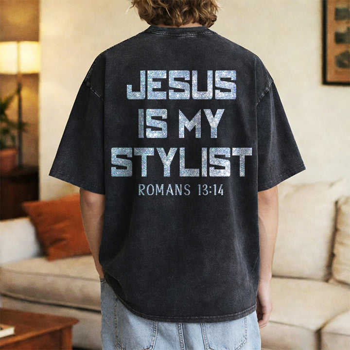 Christianartworkshop Jesus Is My Stylist Romans 13:14 Glitter Letter Rose Cross Unisex Washed T-shirt - image 27