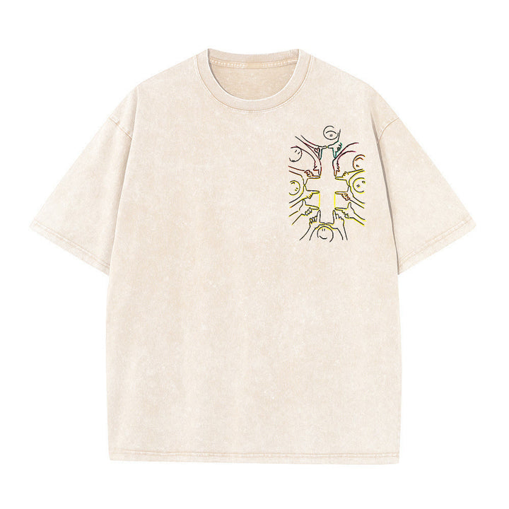 Christianartworkshop Unity Cross Human Figure Line Art Unisex Washed T-shirt - image 10