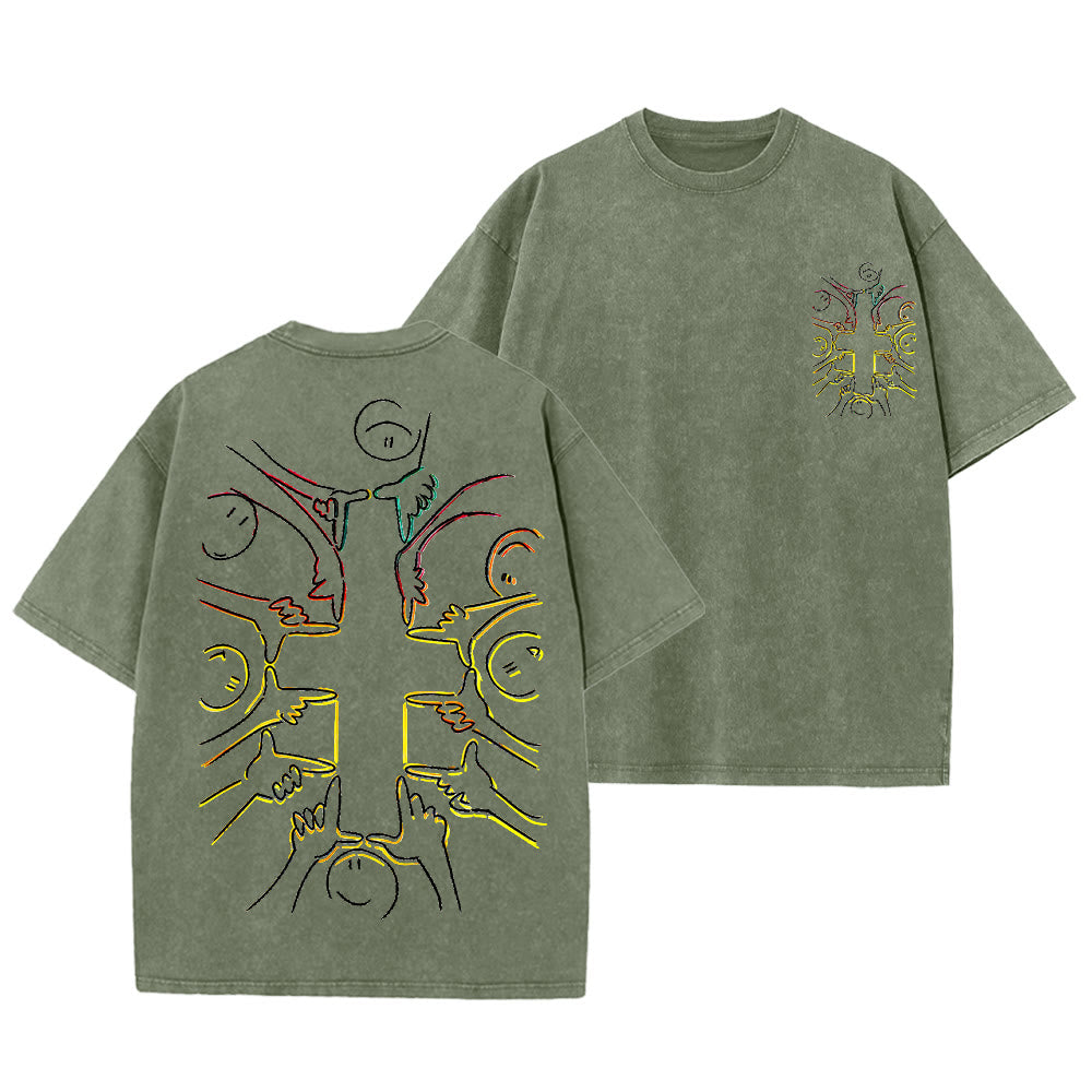 Christianartworkshop Unity Cross Human Figure Line Art Unisex Washed T-shirt - Army Green - 5XL - image 0