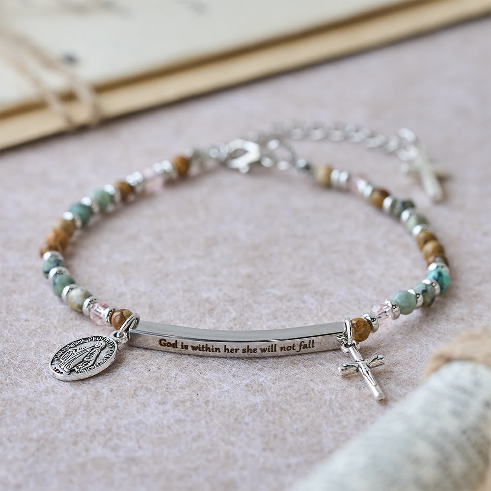 Christianartworkshop Natural African Turquoise Psalm 46:5 Bracelet: Engraved Bar & Stone Bead Design - God is within her she will not fall(Silver) - image 3