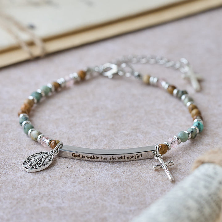 Christianartworkshop Natural African Turquoise Psalm 46:5 Bracelet: Engraved Bar & Stone Bead Design - God is within her she will not fall(Silver) - image 3
