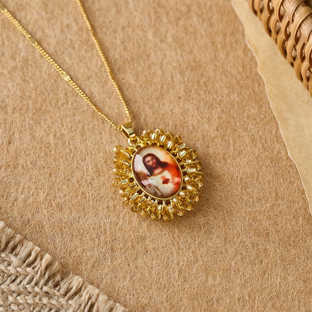 Christianartworkshop Marian Icon Beaded Oval Pendant Necklace: A Token of Virgin Mary Devotion - Golden - image 10