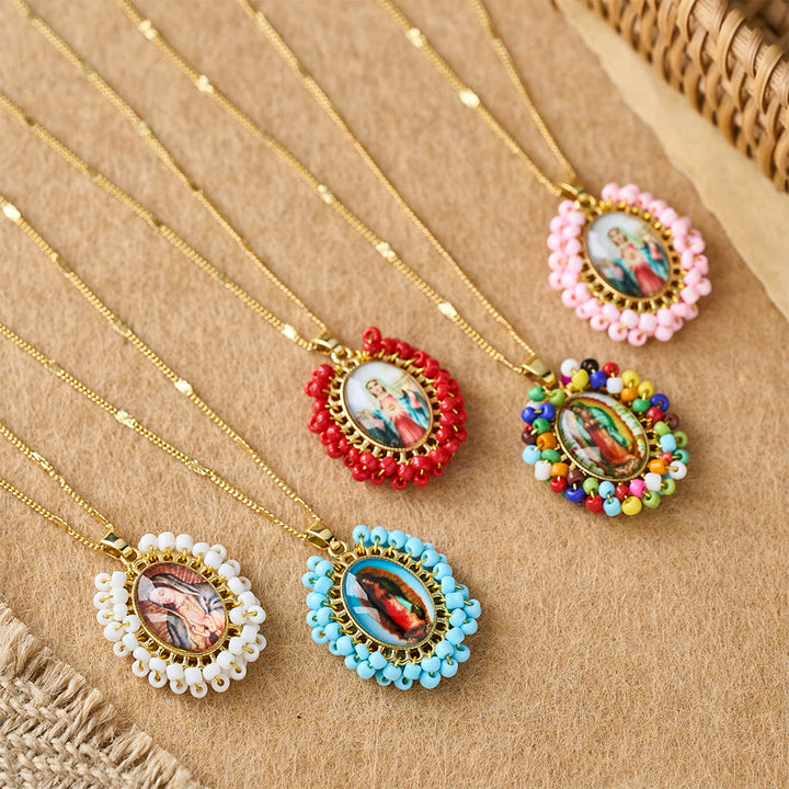 Christianartworkshop Marian Icon Beaded Oval Pendant Necklace: A Token of Virgin Mary Devotion - image 1