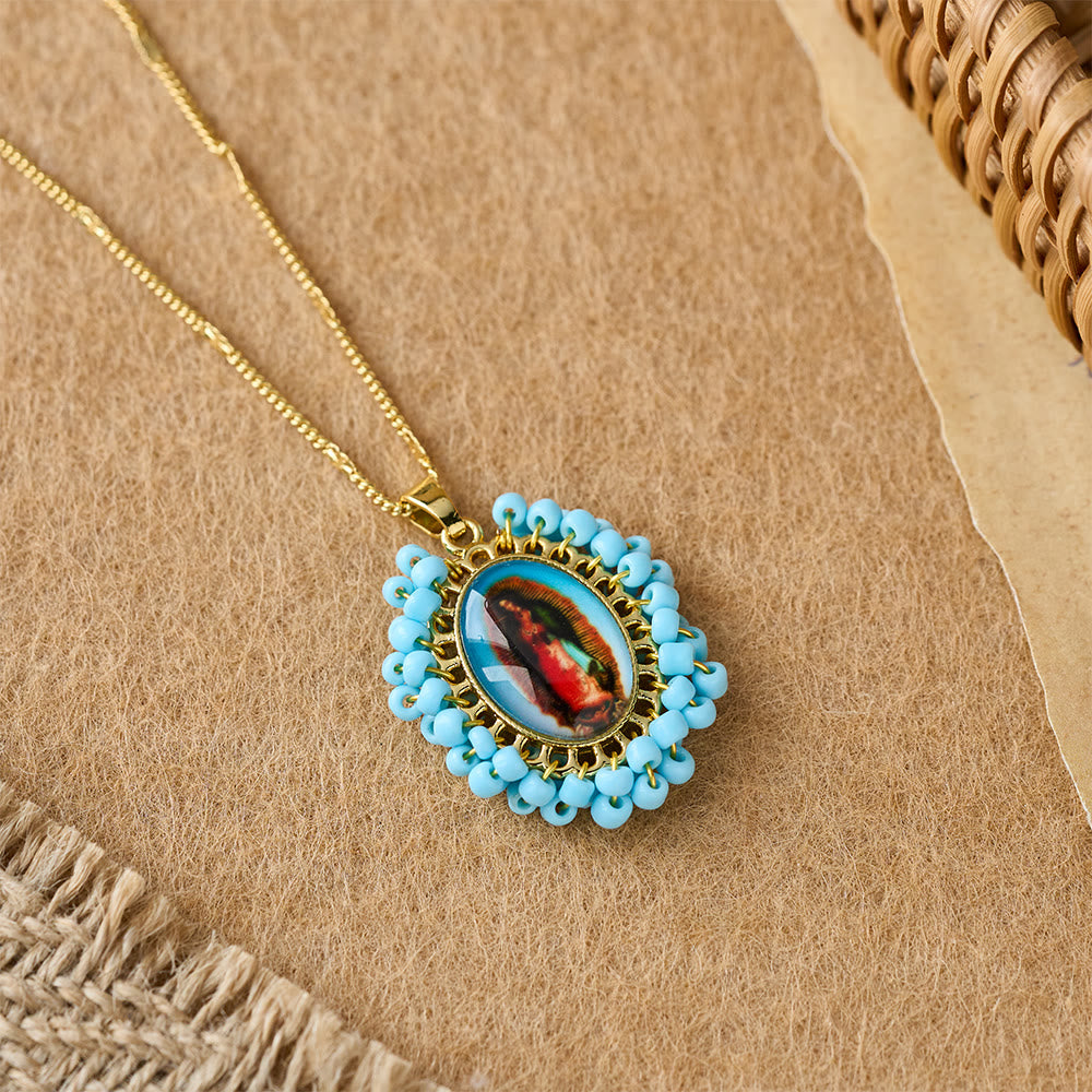 Christianartworkshop Marian Icon Beaded Oval Pendant Necklace: A Token of Virgin Mary Devotion - Blue - image 2