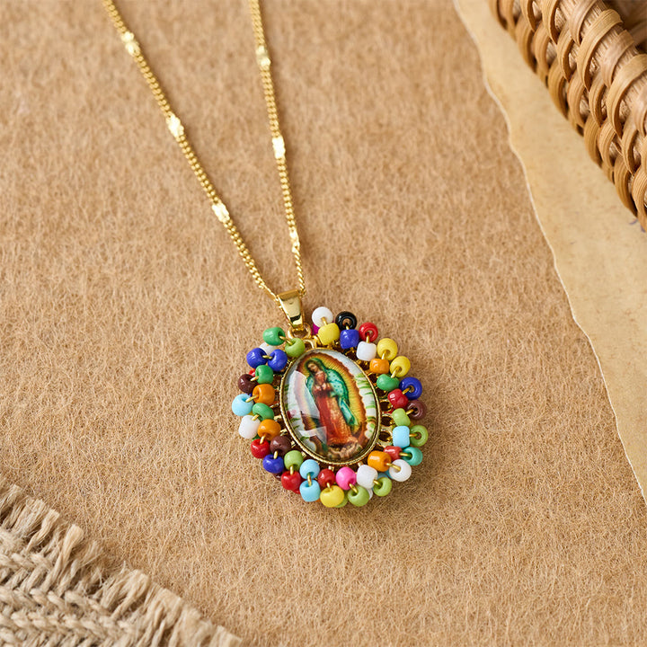 Christianartworkshop Marian Icon Beaded Oval Pendant Necklace: A Token of Virgin Mary Devotion - Multicolor - image 3
