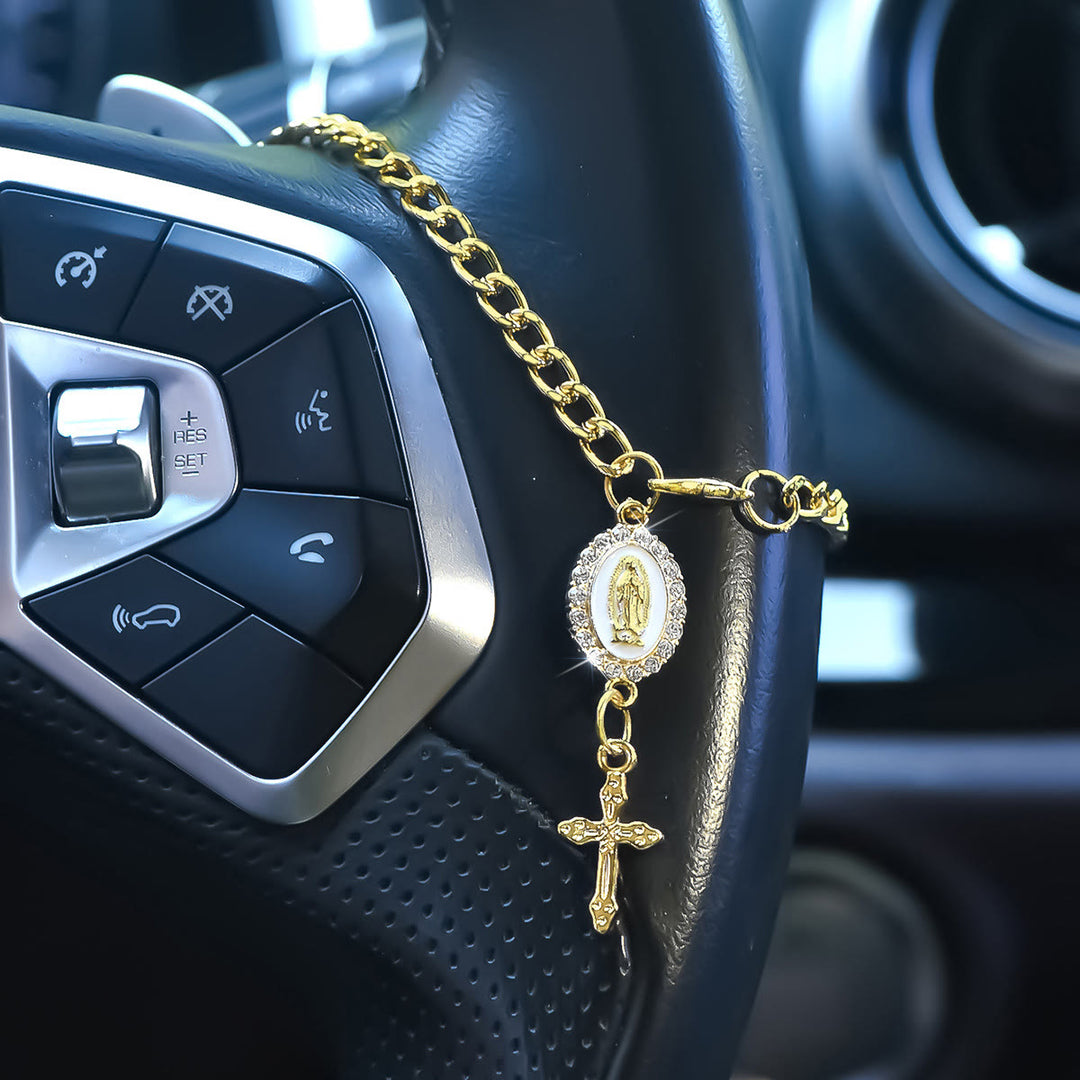 Christianartworkshop Virgin Mary Icon Cross Pearl Car Pendant: A Symbol of Safe Travels & Faith - White A - image 0