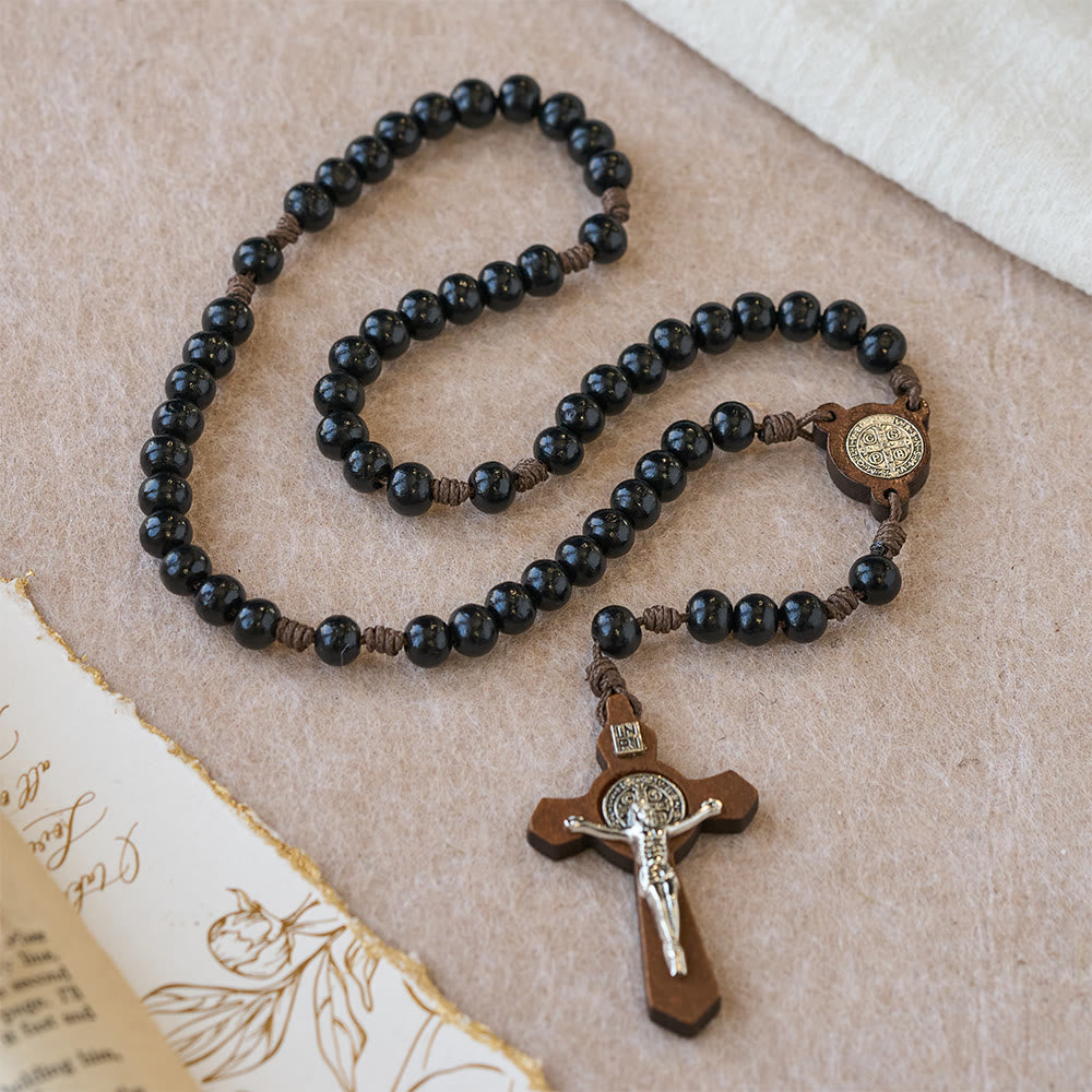 Christianartworkshop Vintage Black Wood Rosary with St. Benedict Protection - St. Benedict & Crucifx - image 0