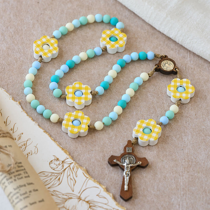 Christianartworkshop Pastel Gradient Easter Rosary with Plaid Flower & St. Benedict Medal - Easter Rosary - image 0